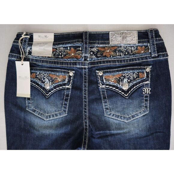 Miss Me M3953B Women's Sz 33 Dk Blue Floral Paradise Mid-Rise Bootcut Jeans - Picture 6 of 13